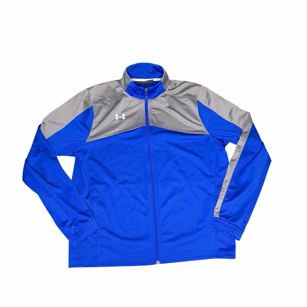 Under Armour Royal Blue Gray Full Zip Track Jacket Mens Large Loose Fit Warm Up